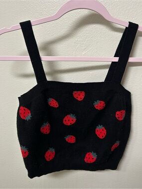 Black w Strawberry All-Over Knit Crop Tank Top Sleeveless